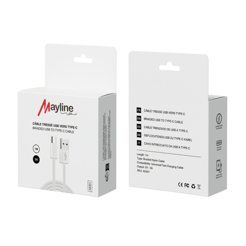 Câble USB vers Type-C Tresse nylon - 3A - 1M (Mayline) — Mayline · Smarty Paris 18e